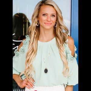 NWT Cold Shoulder Floral trim Top -Sage